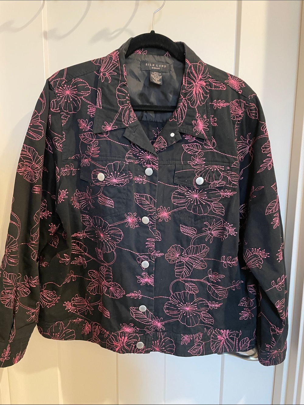 SilkLand Black Jean Jacket with Pink Floral Stitching